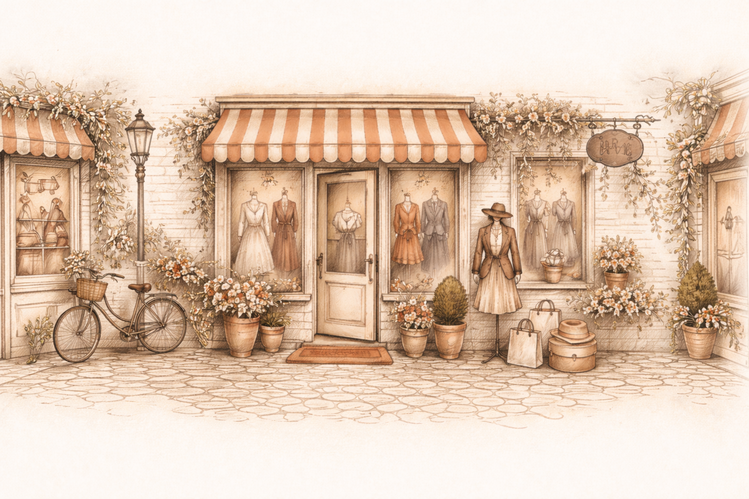 Hand-drawn boutique street scene — storefront with awning, bicycle, mannequin, flowers, and cobblestone