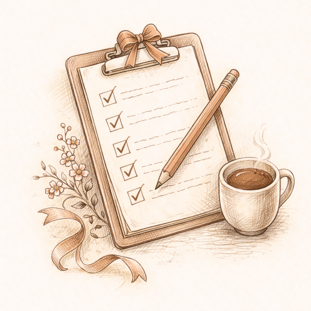 Hand-drawn checklist with coffee cup and pencil